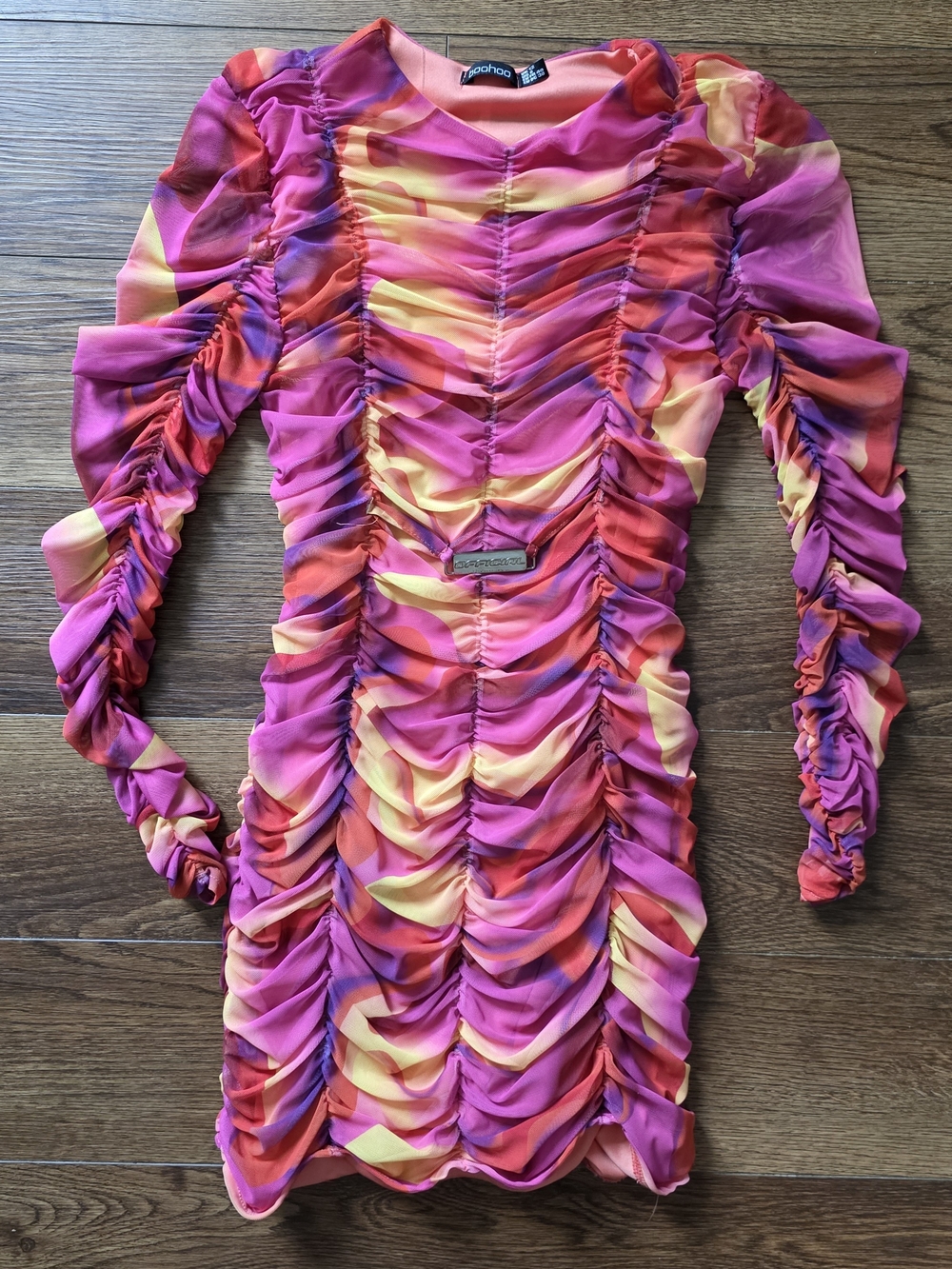 Abstract Marble Print Ruched Long Sleeve Mini Dress Pink Orange 8 Y2k